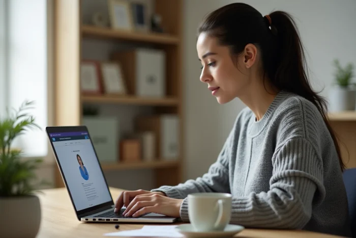 Femme accédant à son espace client médical en ligne sur un ordinateur portable depuis son bureau à domicile