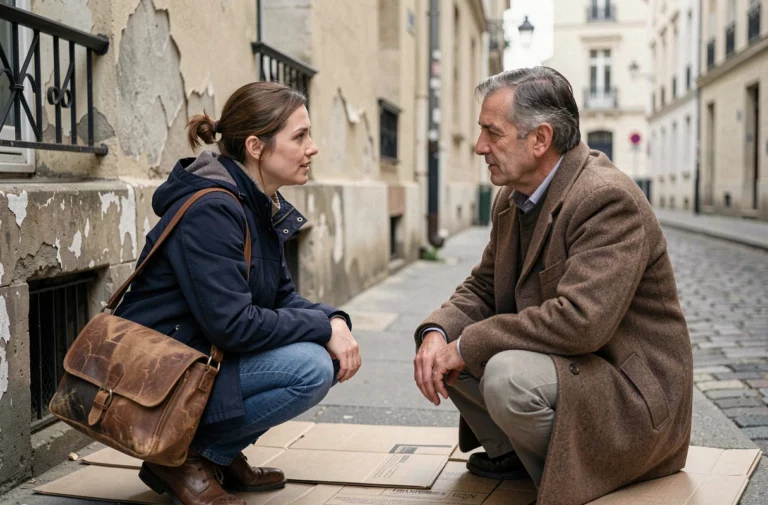 Travailleuse sociale en conversation avec une personne sans abri dans une rue parisienne, illustrant l'accompagnement de rue en France