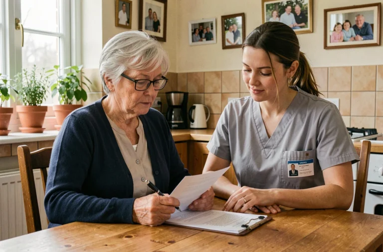 Femme senior recevant l'aide d'une assistante à domicile dans sa cuisine, services d'aide aux personnes âgées