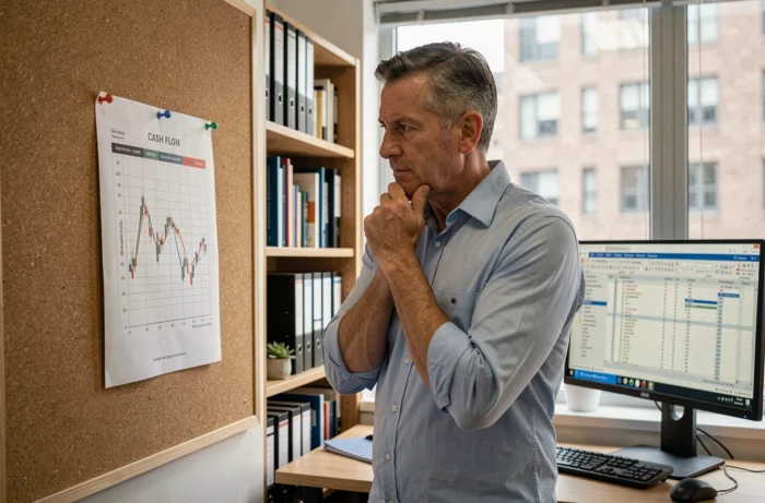Dirigeant d'entreprise analysant un tableau de flux de trésorerie pour améliorer sa gestion financière grâce au courtage