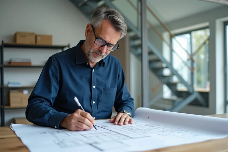 Architecte examinant un plan technique de sécurité des escaliers conforme aux normes NF P 01-012 et NF P 01-013 dans un bureau de construction