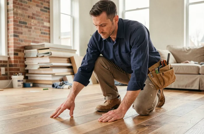 Artisan professionnel inspectant l'installation d'un parquet en bois dans un salon en cours de rénovation