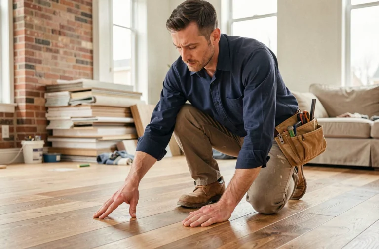 Artisan professionnel inspectant l'installation d'un parquet en bois dans un salon en cours de rénovation
