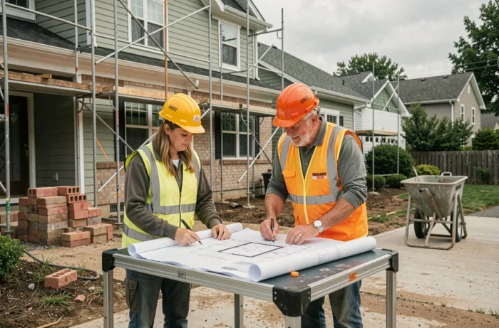 Deux artisans examinant des plans de rénovation devant une maison avec échafaudage en cours de travaux extérieurs