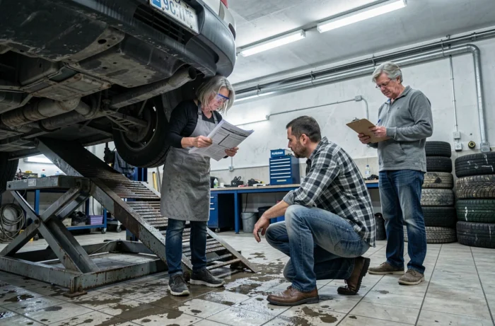 Groupe de bénévoles inspectant ensemble une voiture sur pont élévateur dans un atelier de réparation solidaire