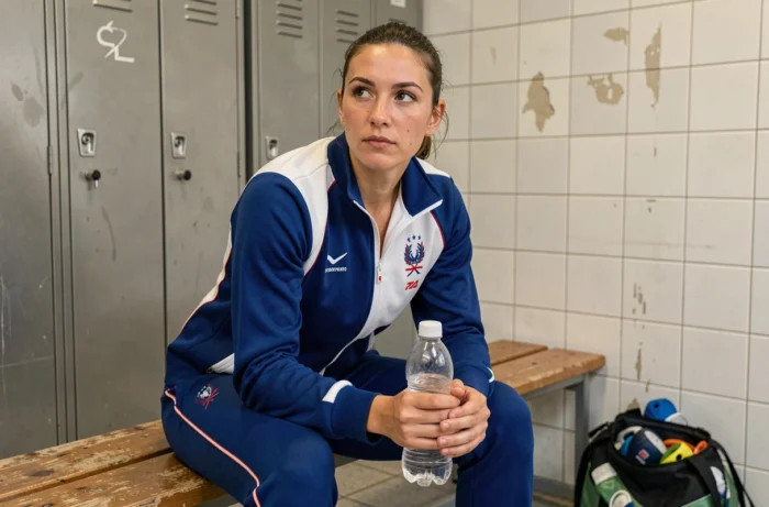 Athlète française en survêtement tricolore dans un vestiaire après l'entraînement, portrait sportif intimiste