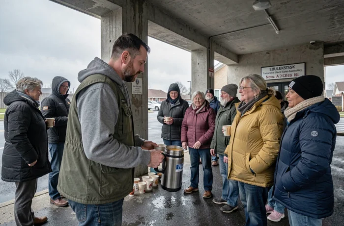 Bénévole distribuant de la soupe à des personnes mal logées devant un centre d'hébergement d'urgence en France