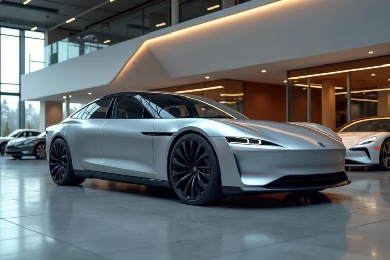 Berline électrique moderne exposée dans un showroom automobile contemporain en 2024
