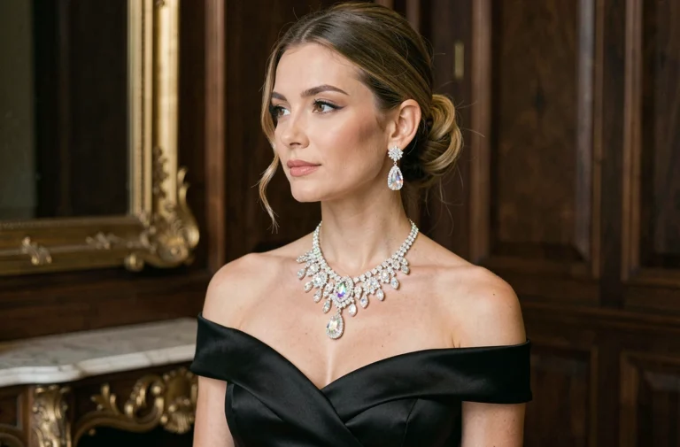 Femme élégante portant un collier en cristal scintillant et des boucles d'oreilles pendantes lors d'une soirée chic dans un salon parisien raffiné
