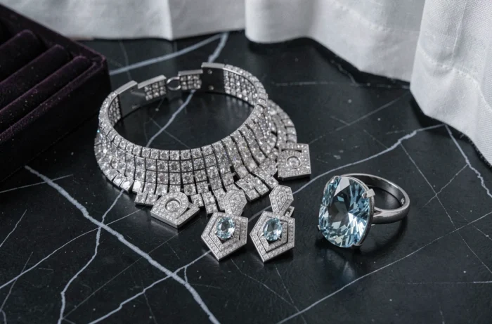 Gros plan de bijoux de soirée luxueux — collier en strass, boucles d'oreilles Art Déco et bague cocktail en aigue-marine — sur marbre noir