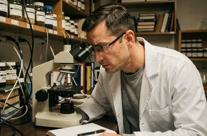 Biologiste masculin examinant des cellules au microscope dans un laboratoire de recherche universitaire