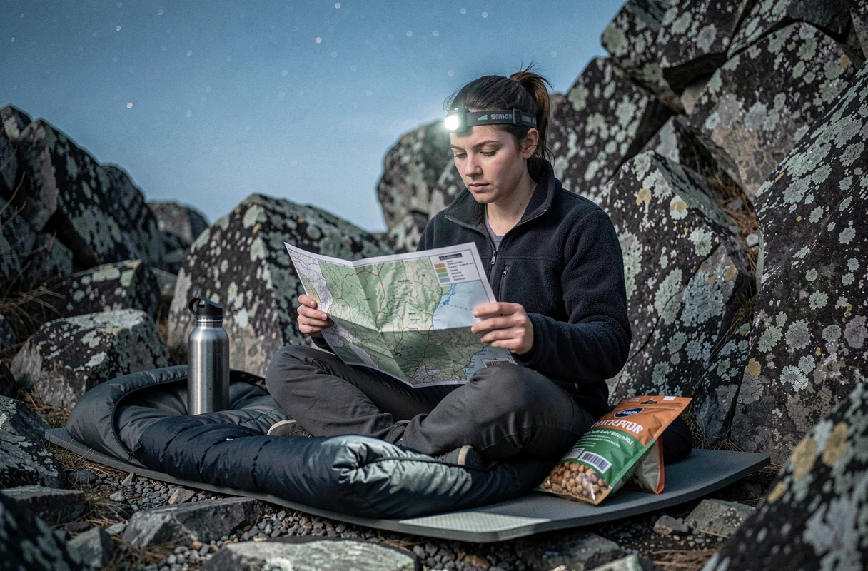 Femme bivouaquant sur un rocher la nuit avec carte et sac de couchage en plein air