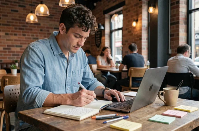 Jeune homme blogueur prenant des notes et planifiant une stratégie de contenu dans un café moderne