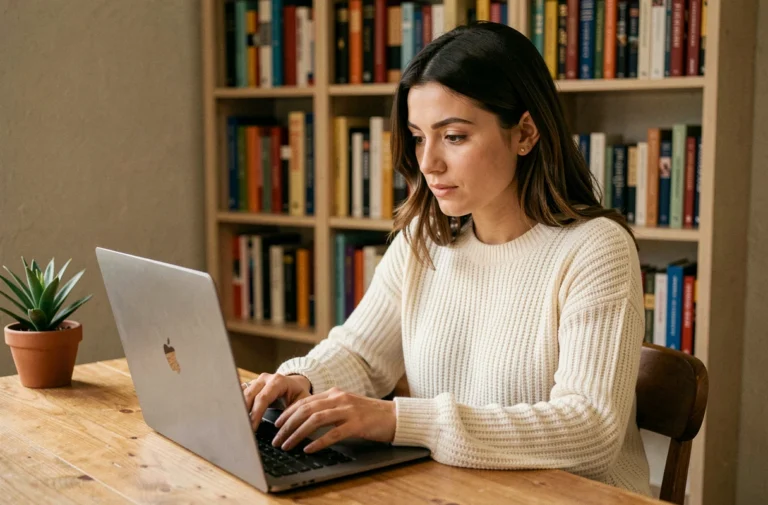Femme blogueure concentrée travaillant sur son blog depuis un bureau à domicile avec un ordinateur portable