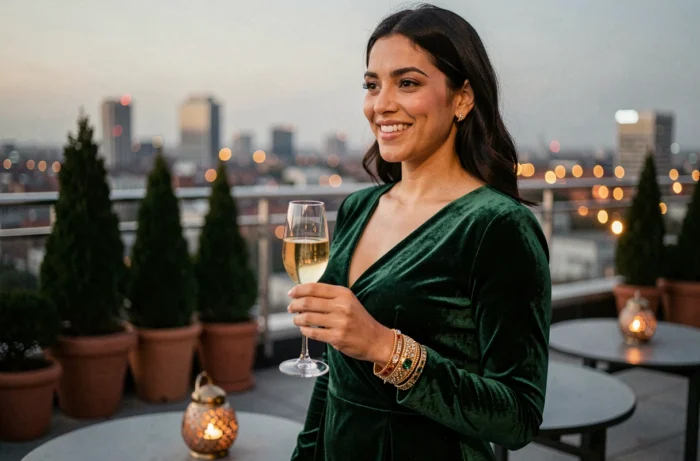 Femme en robe de velours émeraude portant des bracelets dorés et en pierres précieuses sur un rooftop festif avec vue sur la ville
