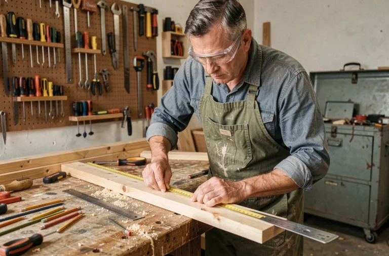 Bricoleur expérimenté mesurant une planche en bois dans un atelier de garage bien organisé