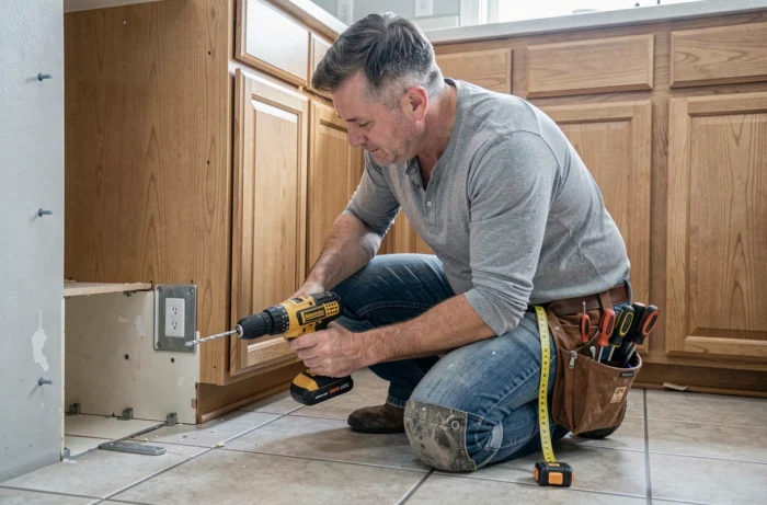 Bricoleur installant un meuble de salle de bain avec une visseuse sans fil sur un carrelage blanc
