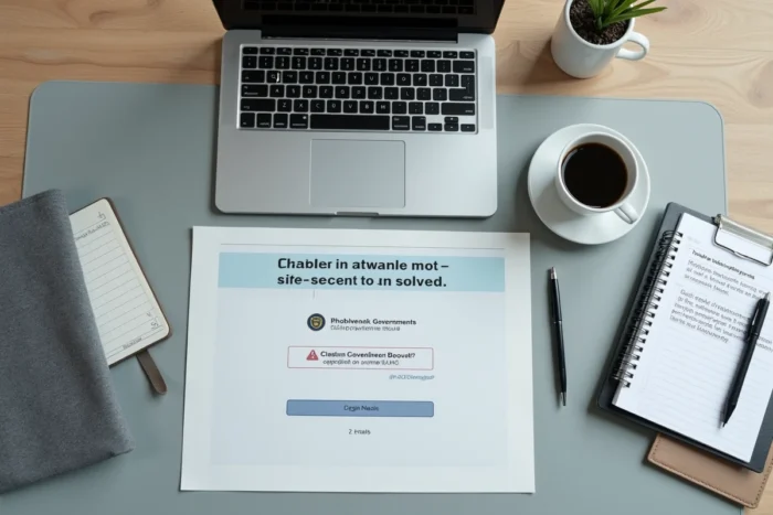 Vue aérienne d'un bureau avec ordinateur affichant une erreur de connexion au portail e-habillement et notes de dépannage
