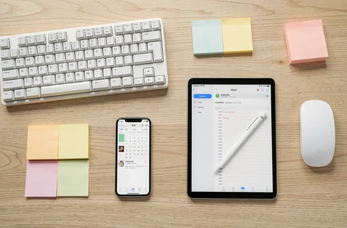Vue aérienne d'un bureau minimaliste et organisé avec clavier mécanique, tablette, smartphone et notes colorées pour la productivité au quotidien