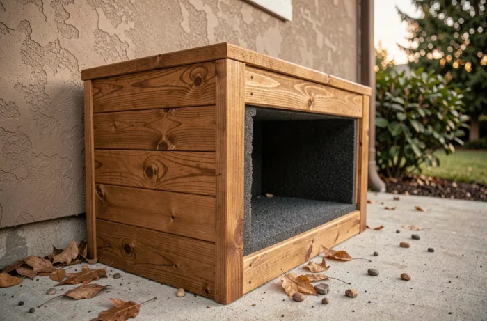 Caisson acoustique en bois sur mesure entourant un compresseur de climatisation extérieur sur une terrasse en béton