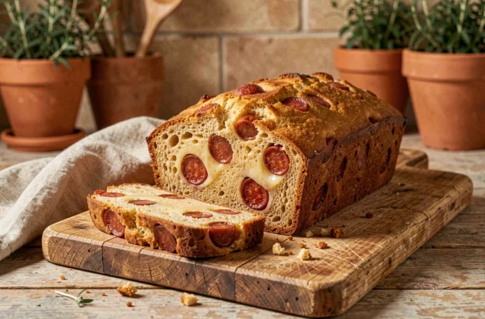 Cake au chorizo moelleux tranché sur une planche en bois rustique, révélant une mie dorée parsemée de rondelles de chorizo et de fromage fondu
