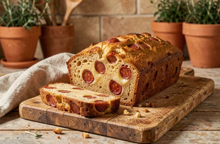 Cake au chorizo moelleux tranché sur une planche en bois rustique, révélant une mie dorée parsemée de rondelles de chorizo et de fromage fondu