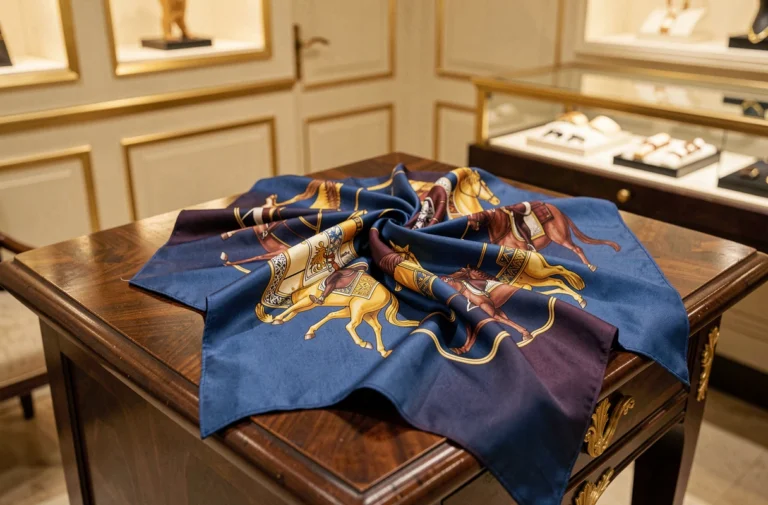 Carré Hermès en soie avec motifs équestres drapé sur une table en acajou dans une boutique de luxe parisienne