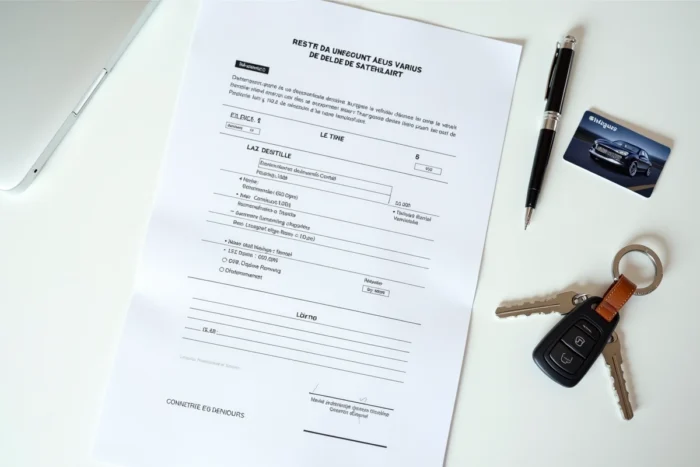 Vue de dessus d'un certificat de non gage avec carte grise et clés de voiture sur un bureau