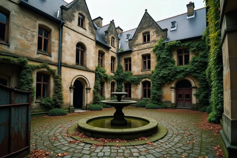 Château abandonné en France avec façade en pierre craquelée, lierre envahissant et grille rouillée entrouverte symbolisant l'achat à prix symbolique