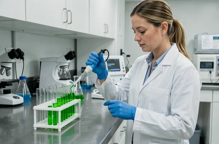 Chercheuse en biologie moléculaire pipettant un liquide fluorescent dans un laboratoire scientifique moderne
