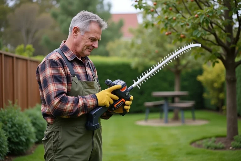 Homme tenant une élagueuse sans fil dans un jardin, comparant les caractéristiques de l'outil avant achat