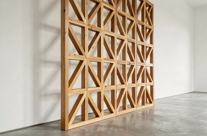 Claustra en bois paramétrique découpé sur mesure en chêne naturel avec motifs géométriques entrelacés, installé comme séparation d'espace dans un intérieur contemporain.