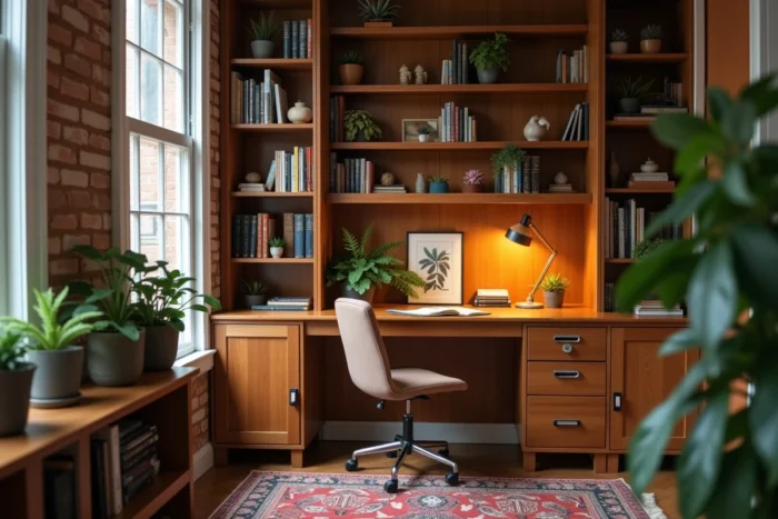 Coin bureau à domicile aménagé avec style, avec étagères en bois, tapis persan vintage et objets décoratifs soigneusement organisés