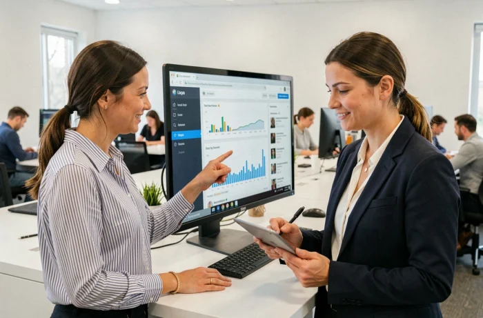 Deux blogueuses collaborant sur une stratégie de contenu et analysant les statistiques d'un blog sur écran