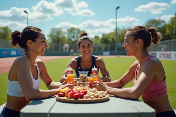 Groupe d'athlètes partageant des collations nutritives équilibrées lors d'une pause sportive en plein air