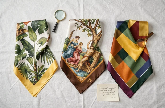 Mise à plat de trois carrés Hermès de collection aux imprimés iconiques différents sur fond de lin blanc avec accessoires de collectionneur
