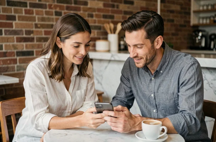 Deux collègues consultant ensemble comment retrouver des demandes envoyées sur Instagram dans un café urbain