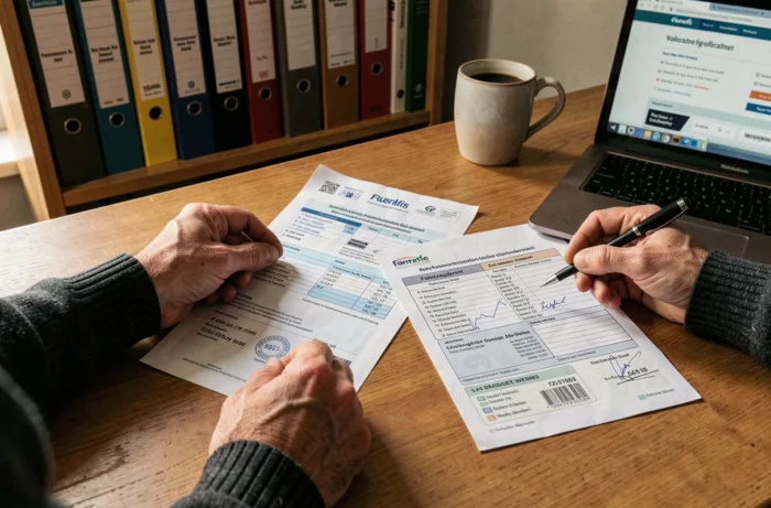 Comparaison de documents d'immatriculation allemands et français sur un bureau lors d'une importation de véhicule