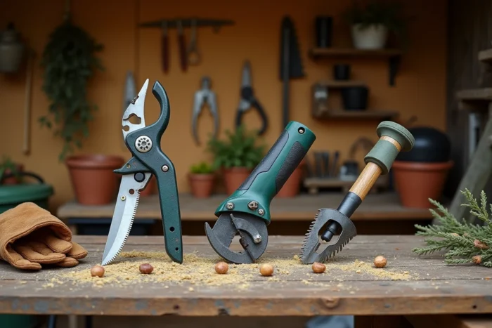 Comparaison de trois types d'élagueuses posées sur un établi en bois dans un atelier de jardin