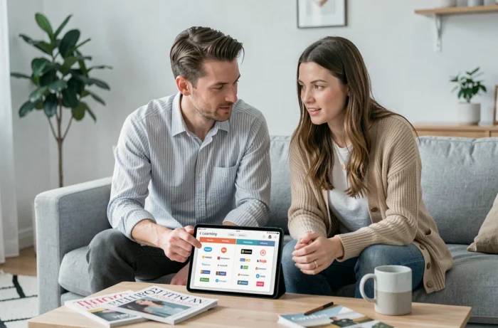 Couple comparant des sites de formation en ligne sur une tablette dans un salon moderne et minimaliste