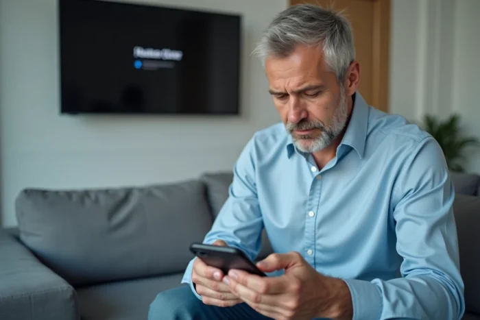 Homme consultant son espace patient Hellodoc sur smartphone depuis son salon