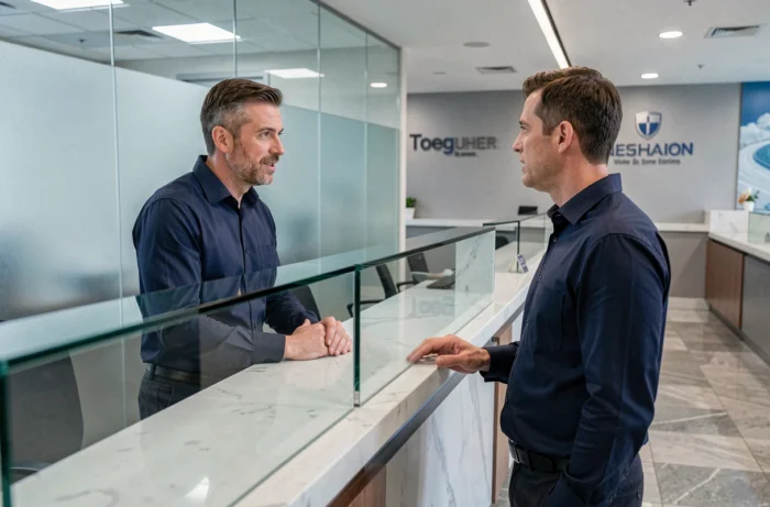 Client discutant de services bancaires avec un conseiller dans une agence bancaire moderne