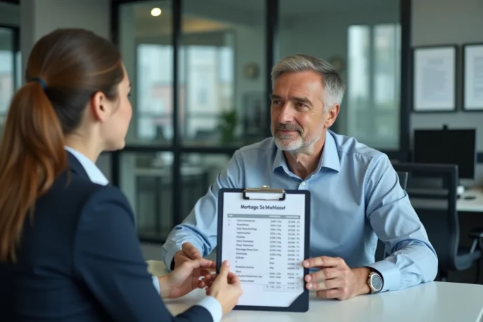 Conseiller bancaire expliquant les coûts et frais d'une hypothèque à une cliente