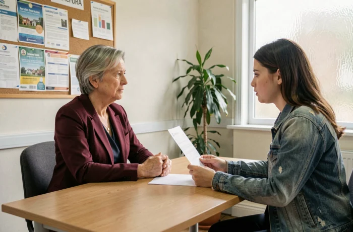 Conseillère en insertion sociale recevant une femme en situation de mal-logement dans un bureau d'accompagnement administratif