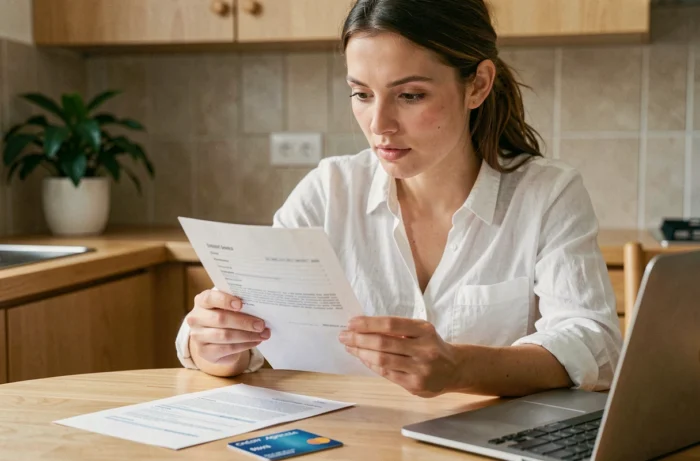 Jeune femme consultant les instructions d'activation de sa carte Crédit Agricole à la maison