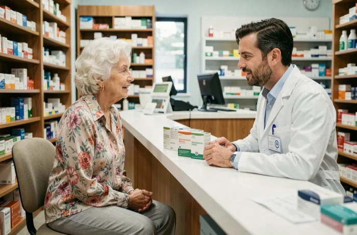 Personne âgée en consultation avec un pharmacien pour la gestion de ses médicaments, service de santé pour seniors