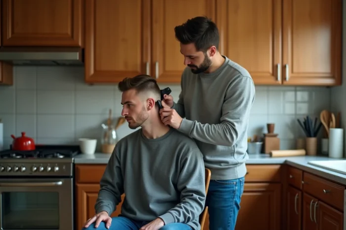 Deux amis réalisant un dégradé à blanc à domicile dans une cuisine, l'un coupant les cheveux de l'autre avec une tondeuse sans fil