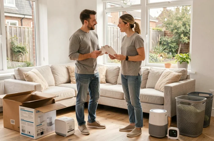 Couple choisissant et déballant de nouveaux équipements pour la maison dans un salon moderne de style scandinave, entourés de produits et d'une liste d'achats
