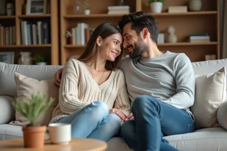Couple complice en conversation intime sur un canapé en lin dans un salon chaleureux, illustrant l'harmonie et la communication au sein du couple