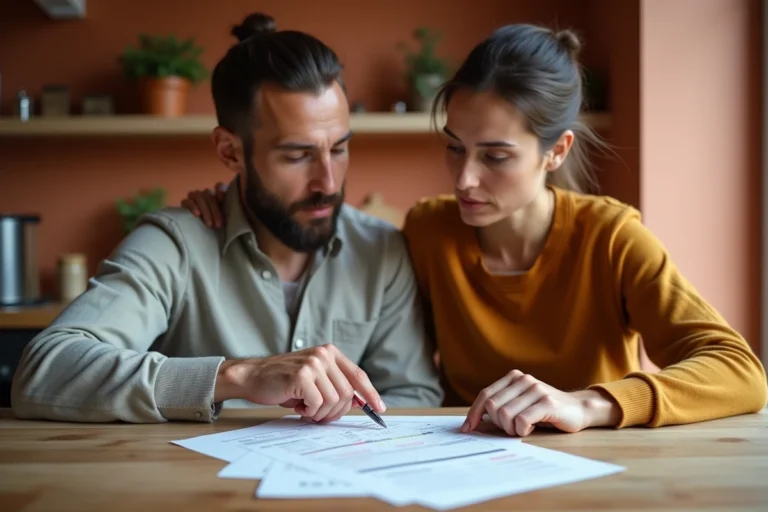 Couple examinant les documents et frais d'un prêt immobilier à la table de leur appartement